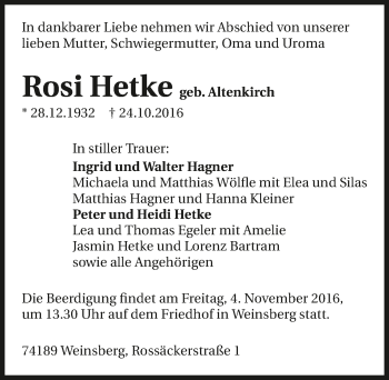 Traueranzeige von Rosi Hetke 