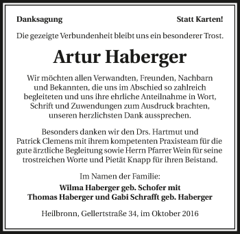 Traueranzeige von Artur Haberger 