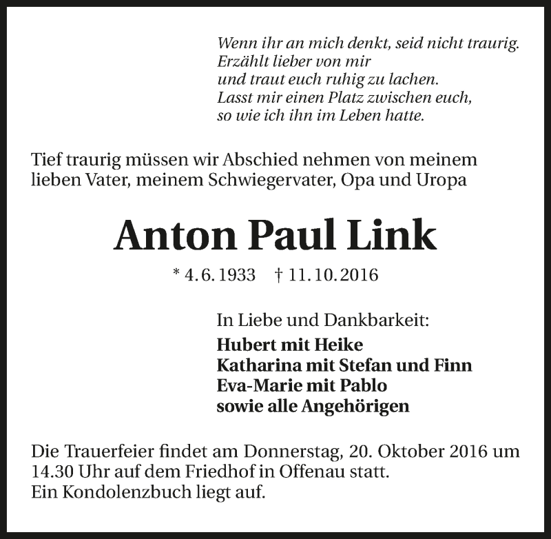  Traueranzeige für Anton Paul Link vom 18.10.2016 aus 