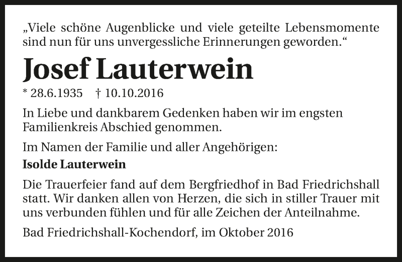  Traueranzeige für Josef Lauterwein vom 25.10.2016 aus 