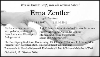 Traueranzeige von Erna Zentler 