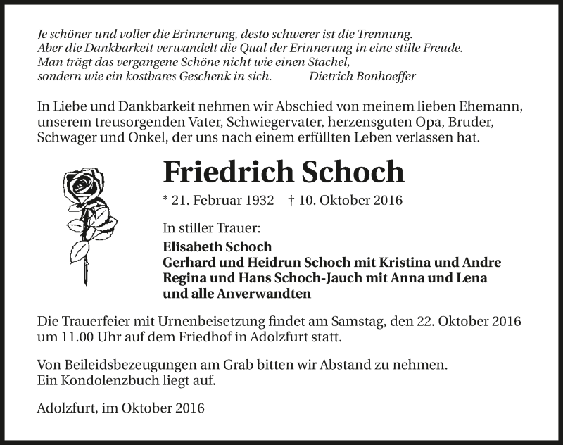  Traueranzeige für Friedrich Schoch vom 15.10.2016 aus 