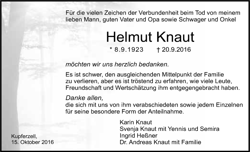  Traueranzeige für Helmut Knaut vom 15.10.2016 aus 