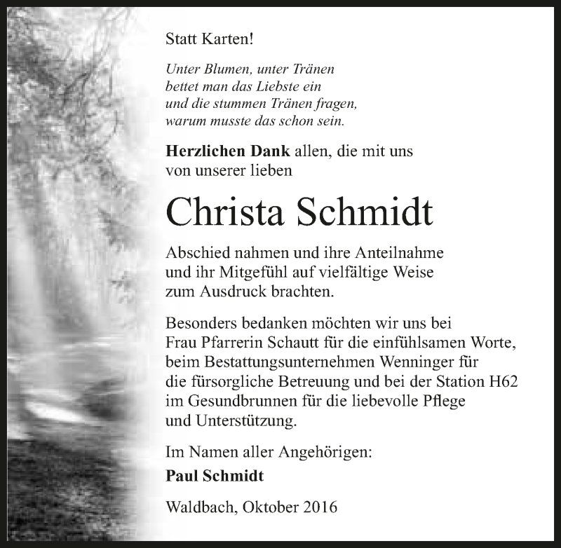  Traueranzeige für Christa Schmidt vom 28.10.2016 aus 