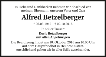 Traueranzeige von Alfred Betzelberger 