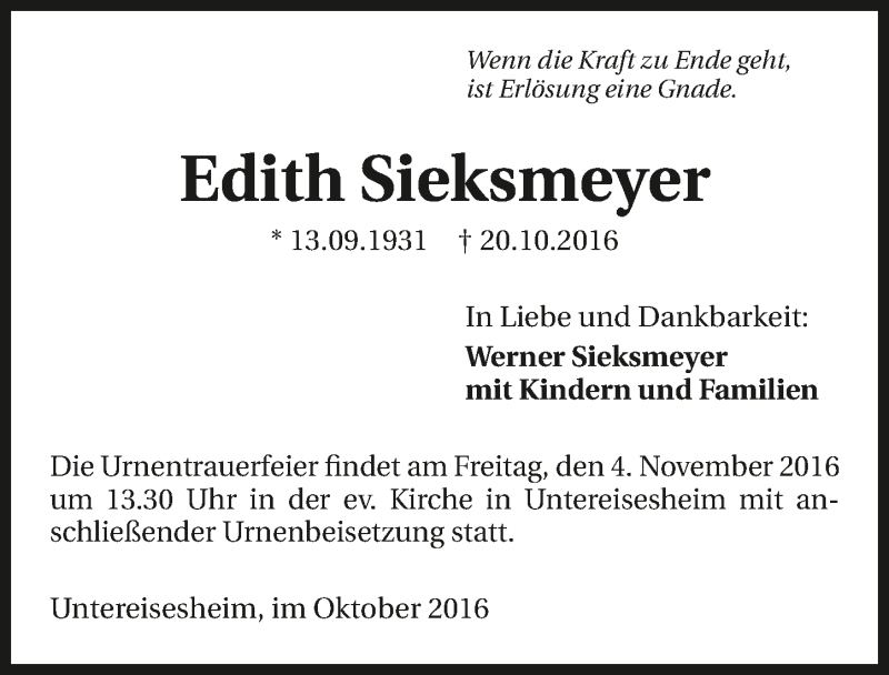  Traueranzeige für Edith Sieksmeyer vom 29.10.2016 aus 