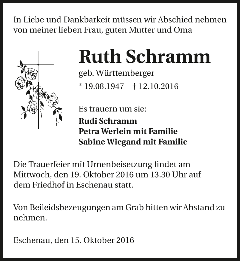  Traueranzeige für Ruth Schramm vom 15.10.2016 aus 