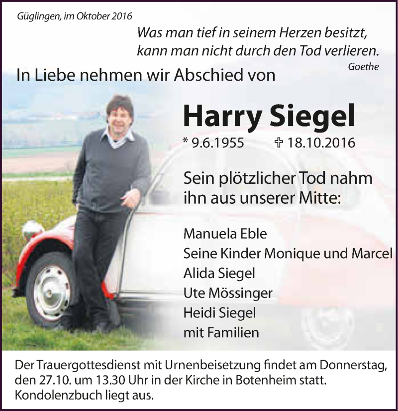  Traueranzeige für Harry Siegel vom 22.10.2016 aus 