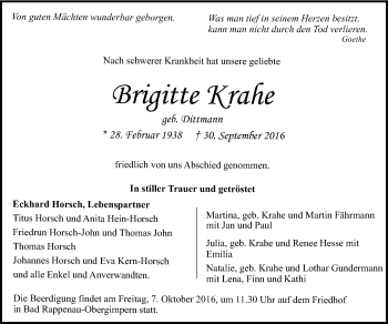 Traueranzeige von Brigitte Krahe 