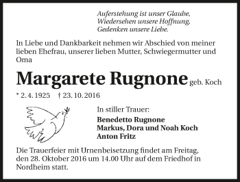 Traueranzeige von Margarete Rugnone 