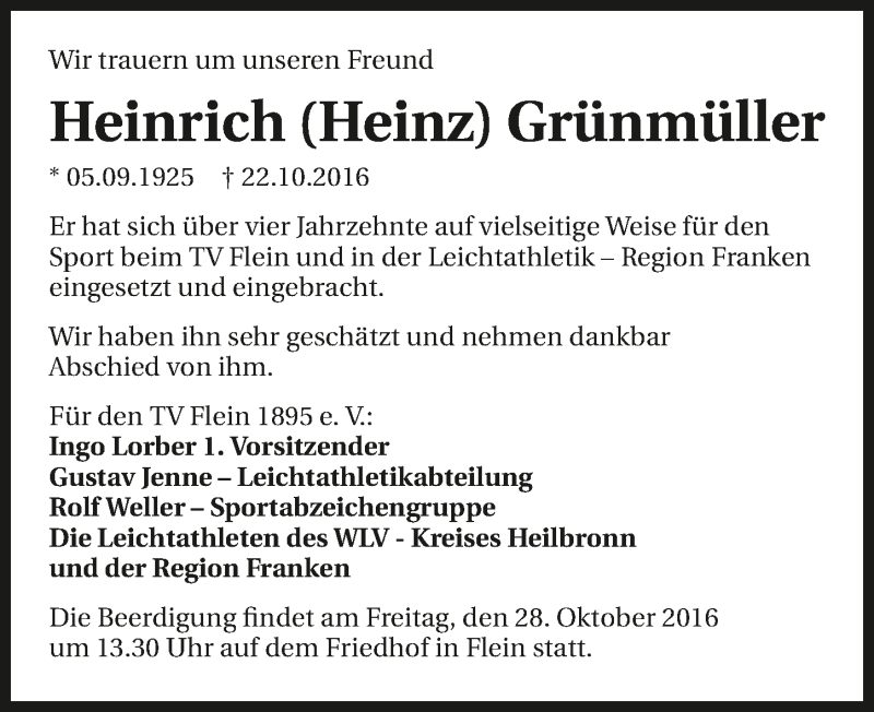  Traueranzeige für Heinrich Grünmüller vom 27.10.2016 aus 