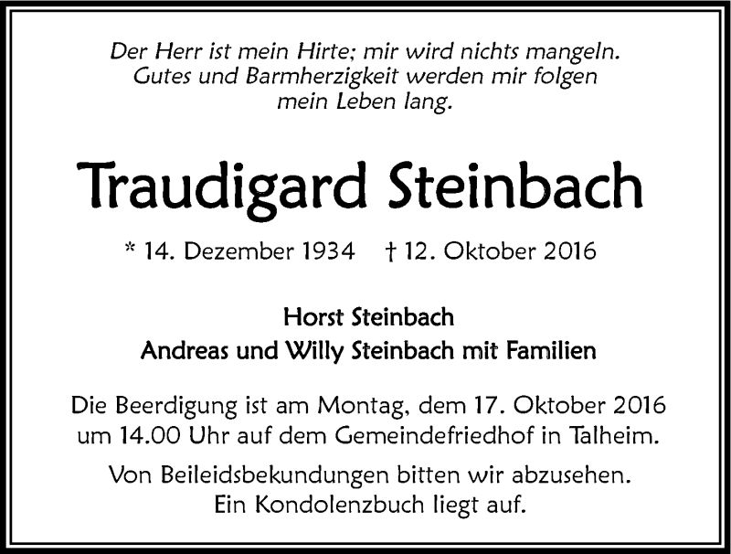  Traueranzeige für Traudigard Steinbach vom 14.10.2016 aus 