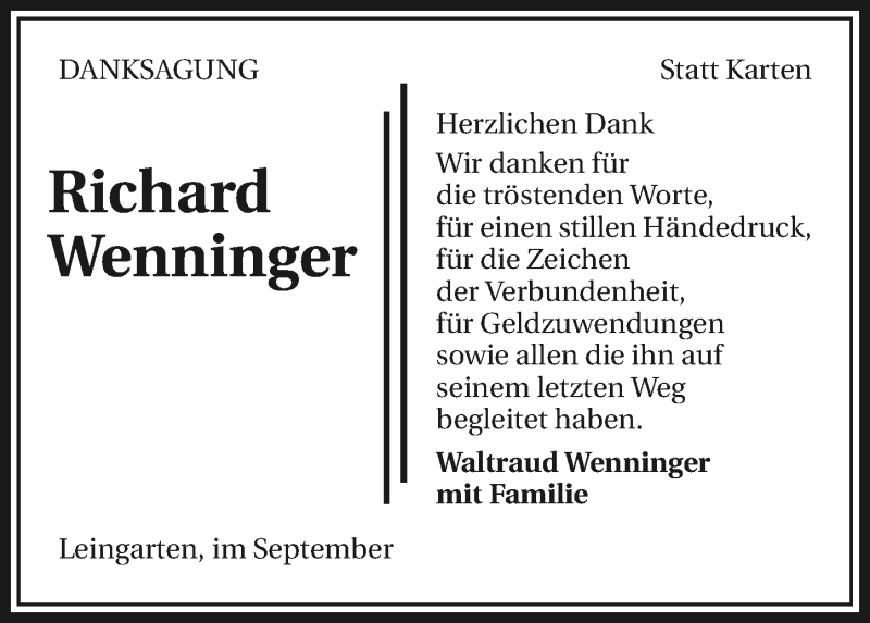  Traueranzeige für Richard Wenninger vom 11.10.2016 aus 