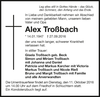 Traueranzeige von Alex Troßbach 