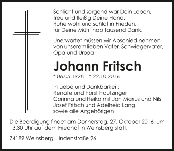 Traueranzeige von Johann Fritsch 