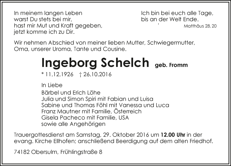  Traueranzeige für Ingeborg Schelch vom 28.10.2016 aus 