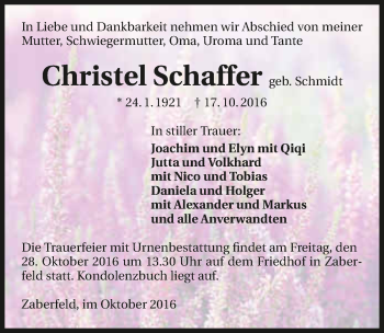Traueranzeige von Christel Schaffer 