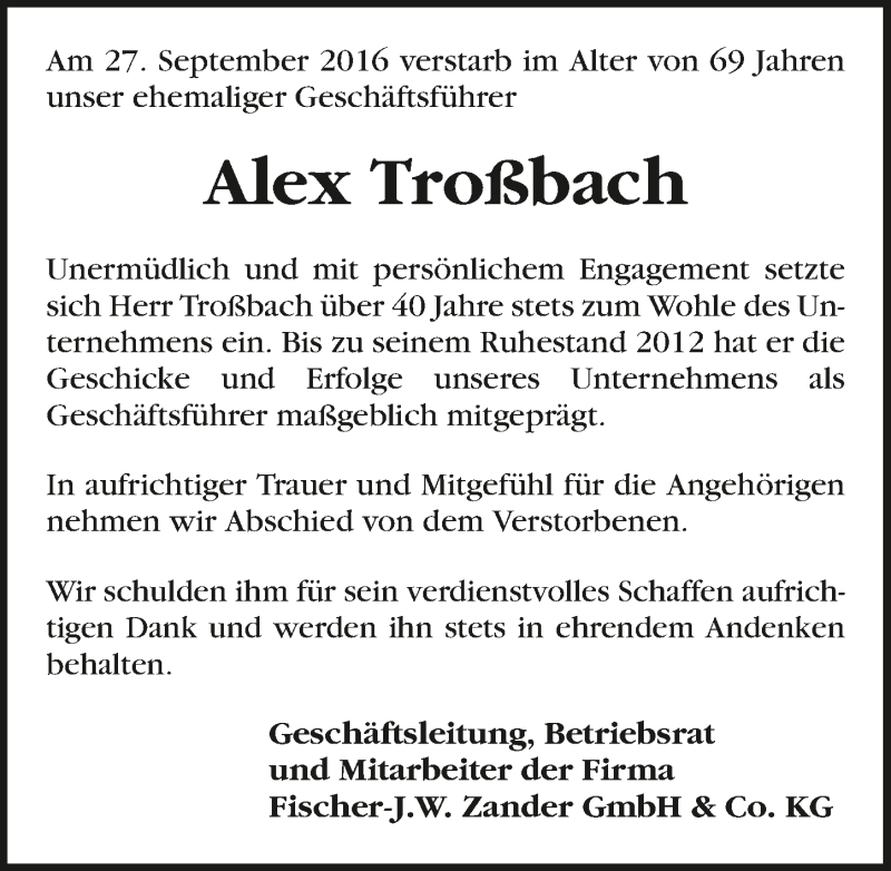  Traueranzeige für Alex Troßbach vom 08.10.2016 aus 