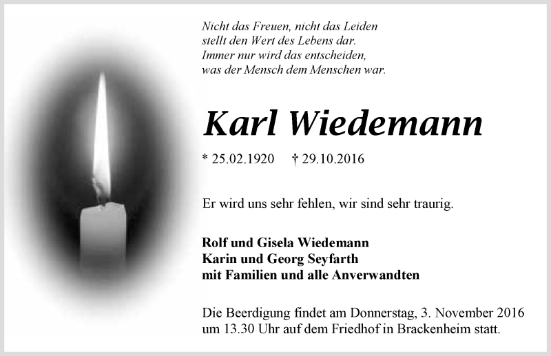  Traueranzeige für Karl Wiedemann vom 31.10.2016 aus 