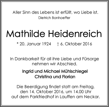 Traueranzeige von Mathilde Heidenreich 