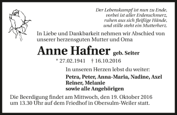 Traueranzeige von Anne Hafner 