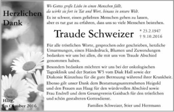 Traueranzeige von Traude Schweizer 