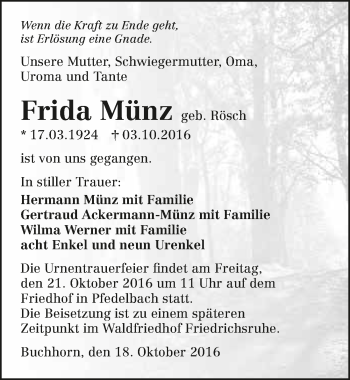 Traueranzeige von Frieda Münz 