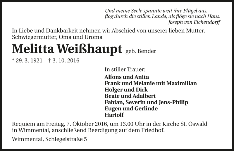  Traueranzeige für Melitta Weisshaupt vom 05.10.2016 aus 