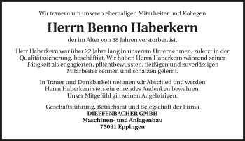 Traueranzeige von Benno Haberkern 