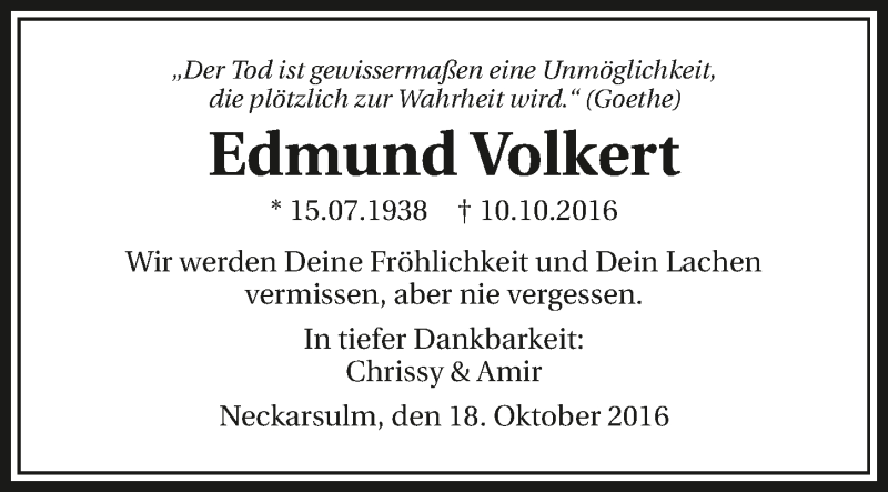  Traueranzeige für Edmund Volkert vom 18.10.2016 aus 