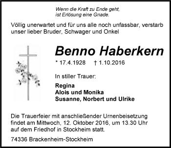 Traueranzeige von Benno Haberkern 