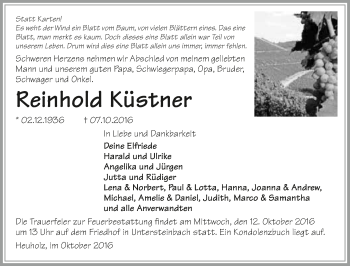 Traueranzeige von Reinhold Küstner 