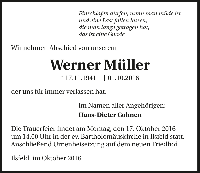 Traueranzeige für Werner Müller vom 13.10.2016 aus 