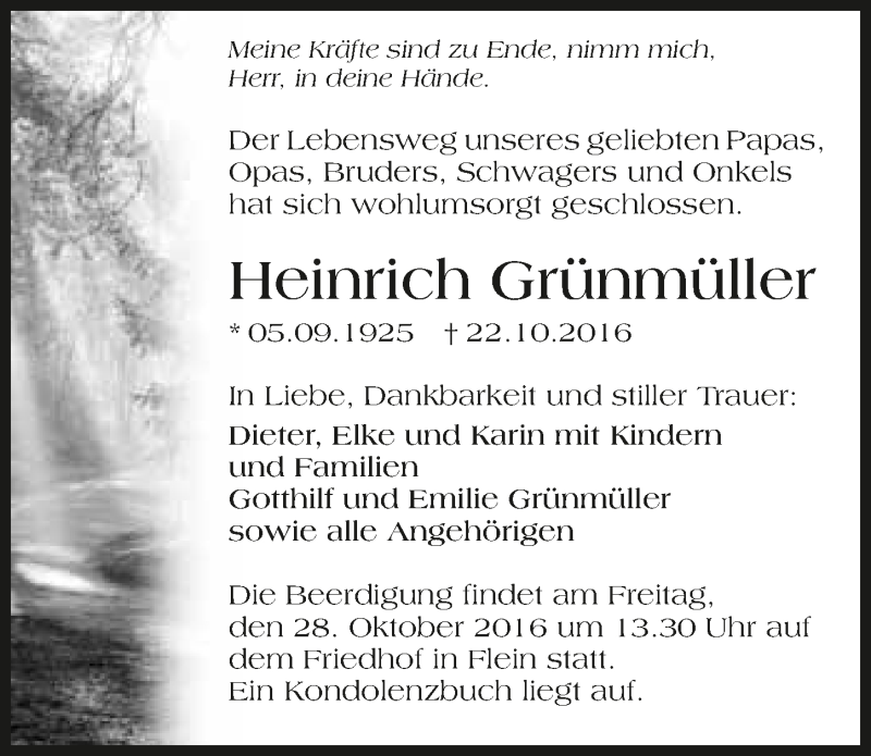  Traueranzeige für Heinrich Grünmüller vom 25.10.2016 aus 