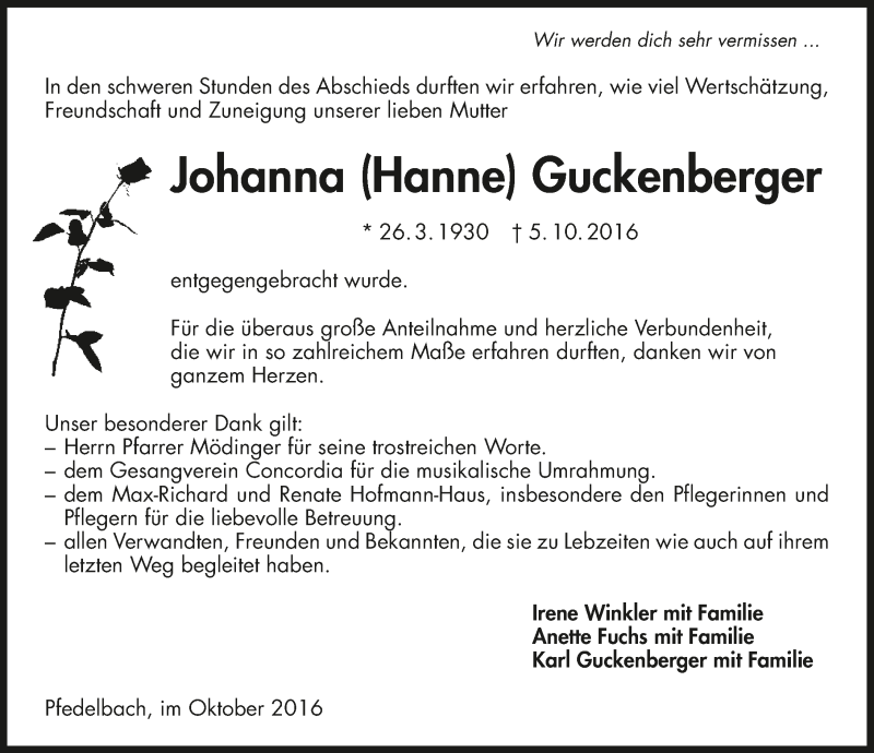  Traueranzeige für Johanna Guckenberger vom 29.10.2016 aus 