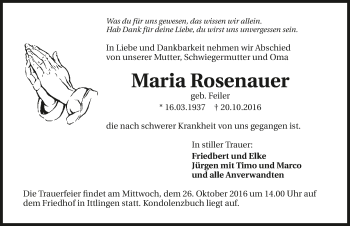 Traueranzeige von Maria Rosenauer 