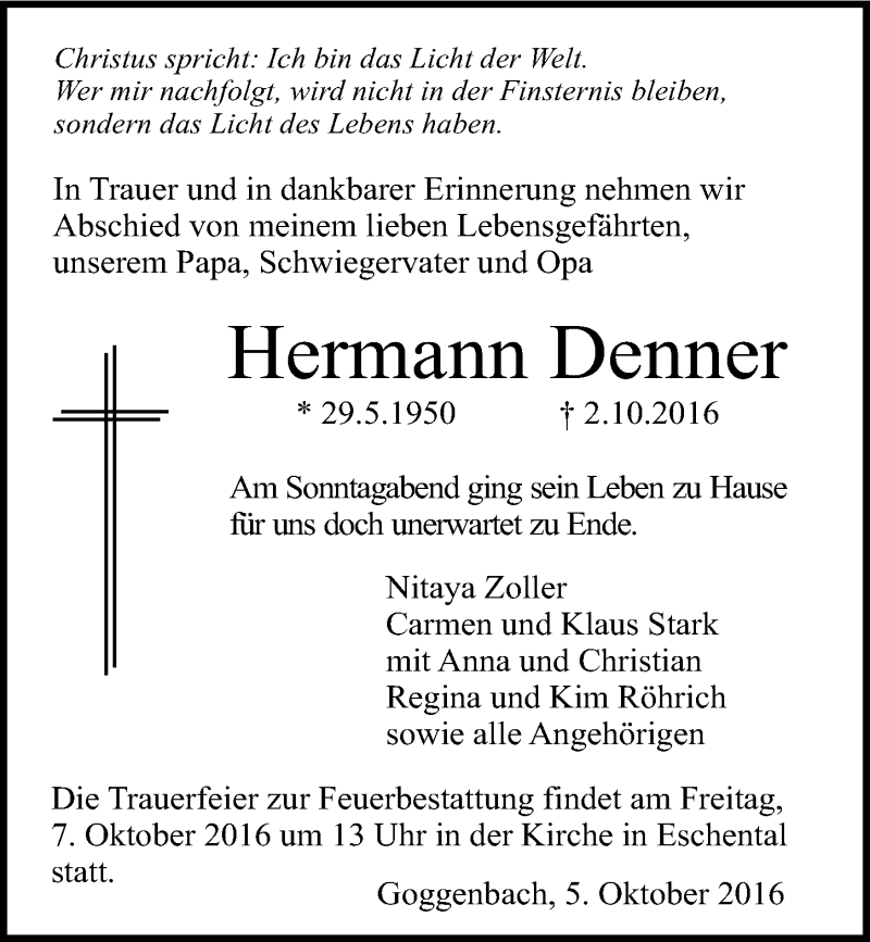  Traueranzeige für Hermann Denner vom 05.10.2016 aus 