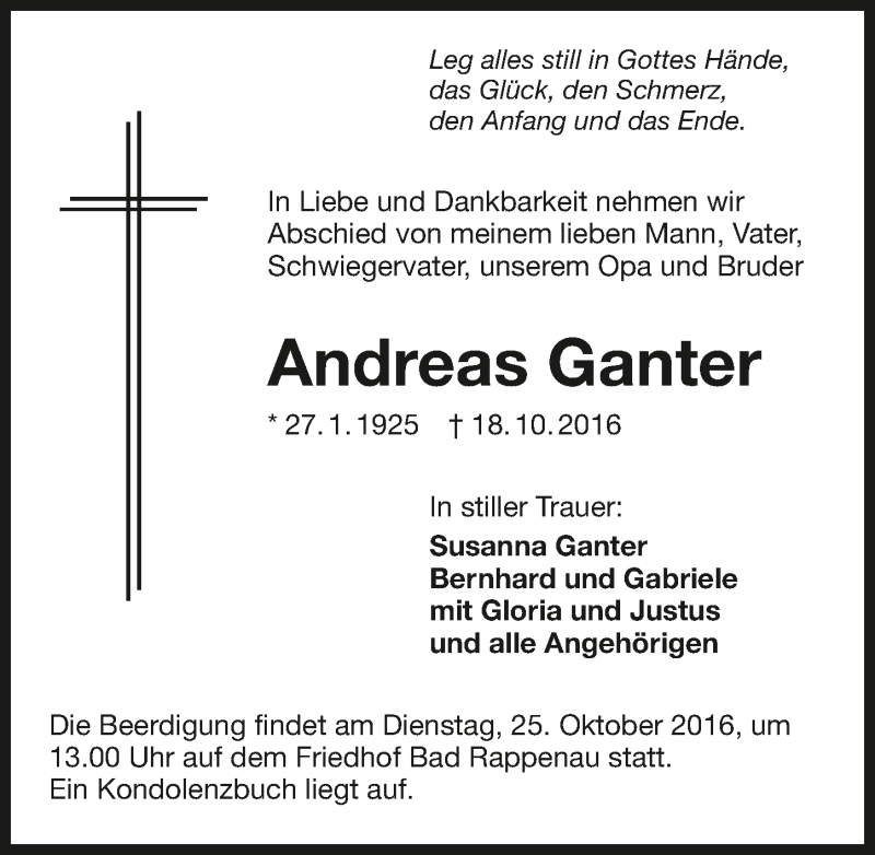  Traueranzeige für Andreas Ganter vom 22.10.2016 aus 