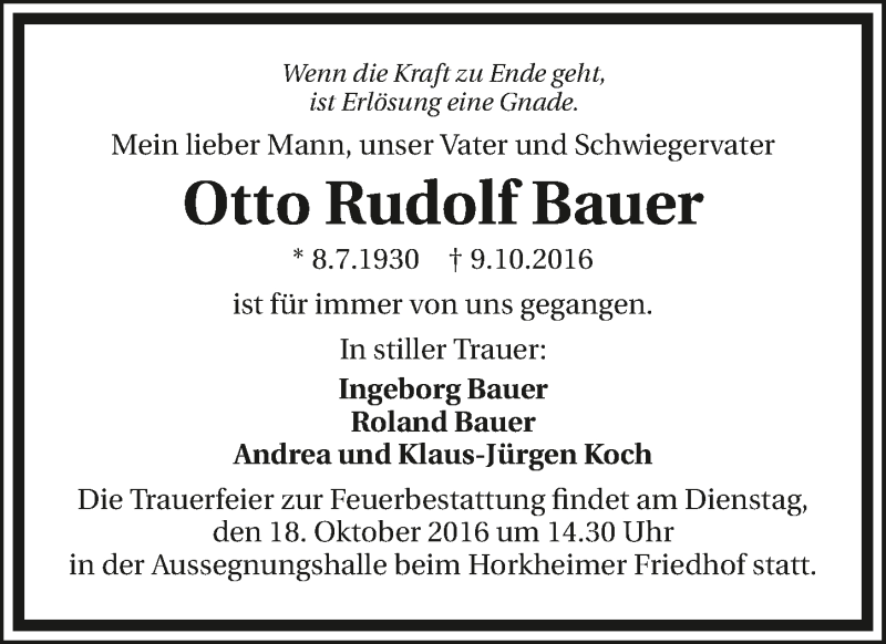  Traueranzeige für Otto Rudolf Bauer vom 14.10.2016 aus 