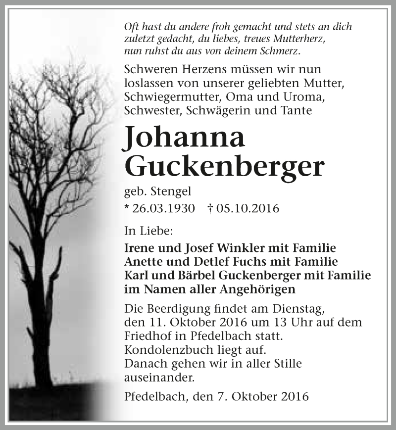  Traueranzeige für Johanna Guckenberger vom 07.10.2016 aus 