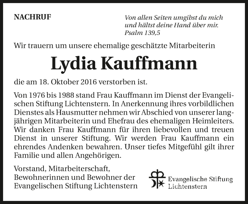  Traueranzeige für Lydia Kauffmann vom 22.10.2016 aus 