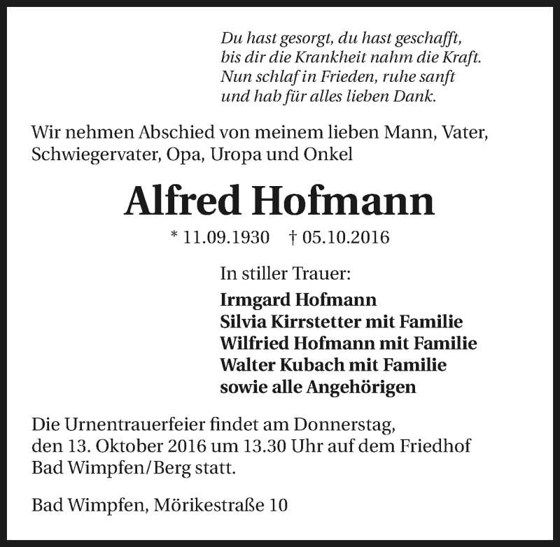  Traueranzeige für Alfred Hofmann vom 10.10.2016 aus 