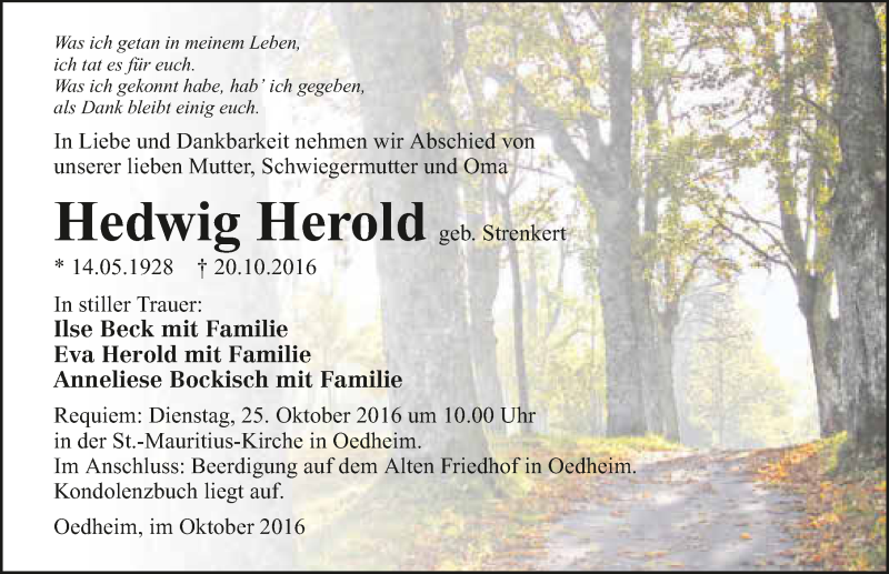  Traueranzeige für Hedwig Herold vom 22.10.2016 aus 
