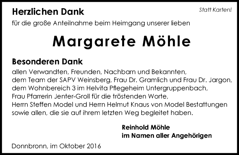  Traueranzeige für Margarete Möhle vom 15.10.2016 aus 