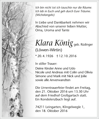 Traueranzeige von Klara König 