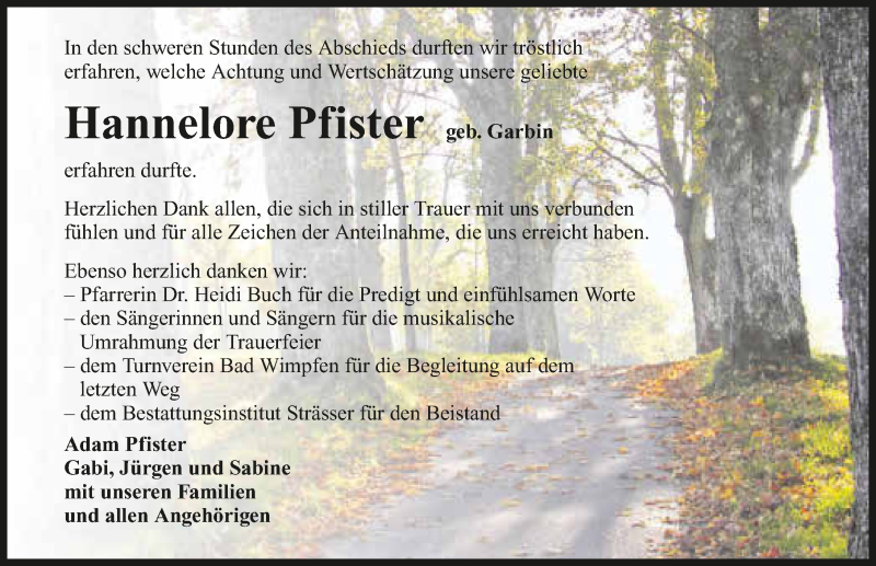  Traueranzeige für Hannelore Pfister vom 22.10.2016 aus 
