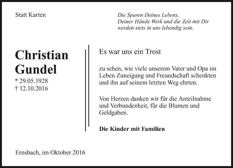  Traueranzeige für Christian Gundel vom 29.10.2016 aus 