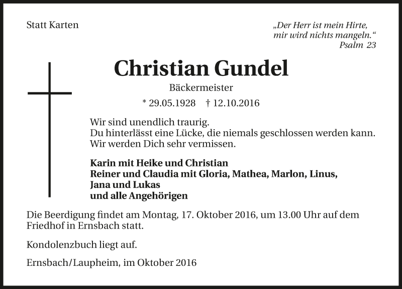  Traueranzeige für Christian Gundel vom 15.10.2016 aus 