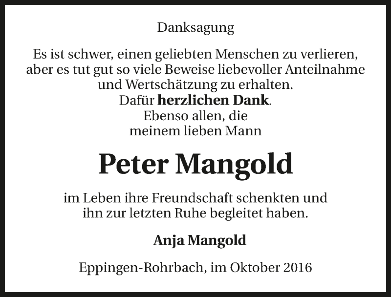  Traueranzeige für Peter Mangold vom 07.10.2016 aus 