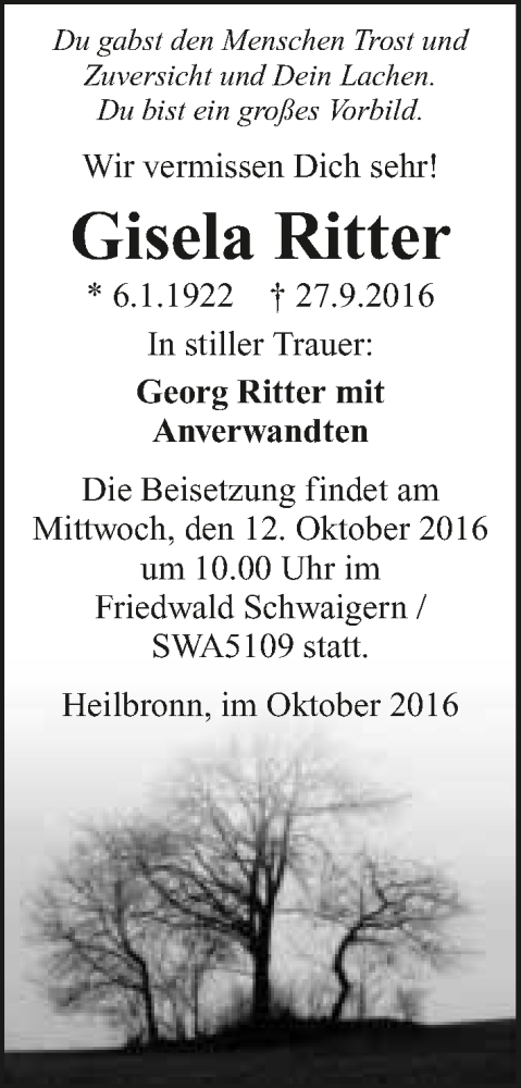  Traueranzeige für Gisela Ritter vom 08.10.2016 aus 